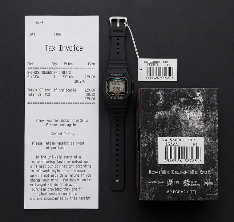 Example showing the G-SHOCK product code on the product box and the swing tag attached to the watch